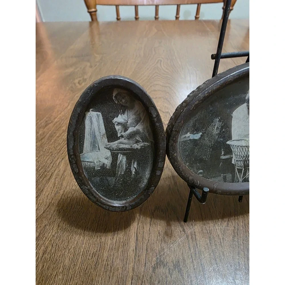 Antique 1928 Triptych Oval Photo Frame Mother and Child Hand Tinted 8.25 Inch